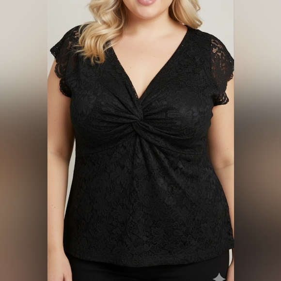 Addition Elle Black Lace V-Neck Short Sleeve Top Stretch size 1X Dressy Fancy - Picture 1 of 11